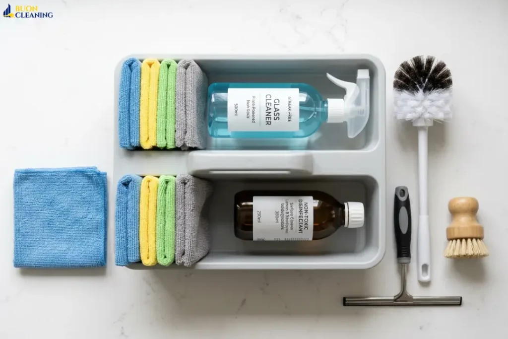 Essential home cleaning toolkit including microfiber cloths, non-toxic disinfectant, and portable caddy