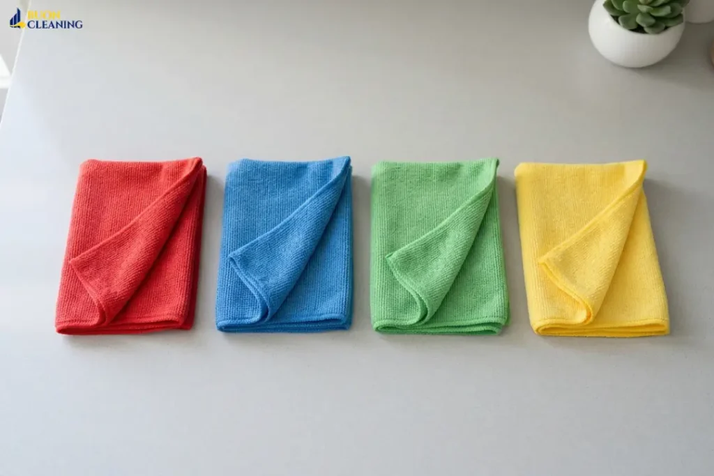 Colour-coded microfiber cloth system for cleaning – red for bathrooms, blue for glass, green for kitchen, yellow for general surfaces