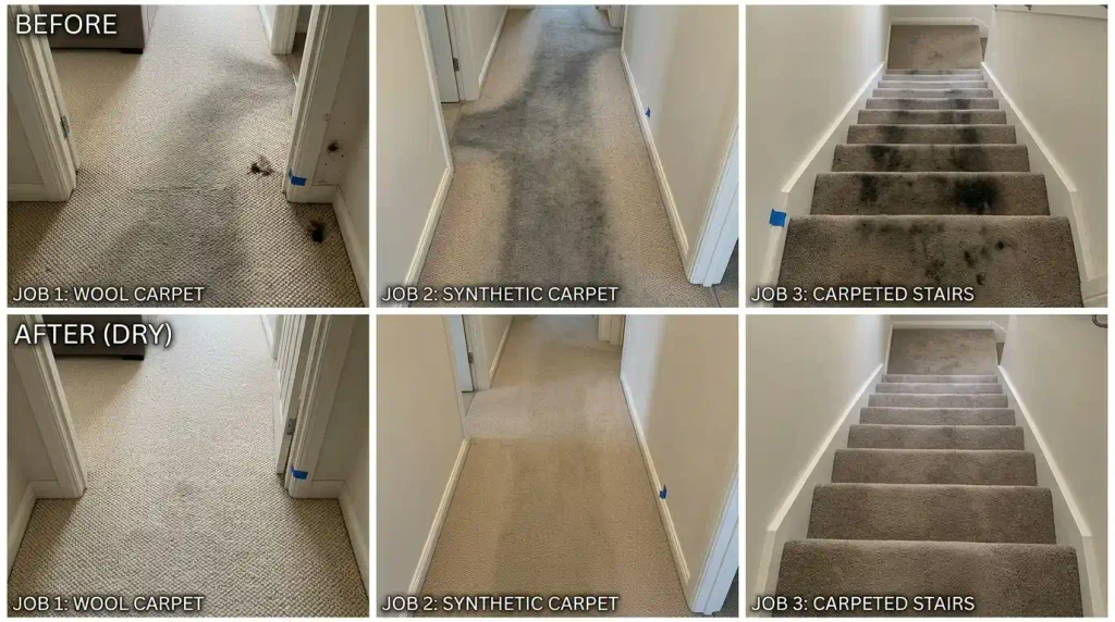 Guide to Carpet Cleaning Chemicals 5 Before and after photo of a stained carpet professionally cleaned in Nottingham