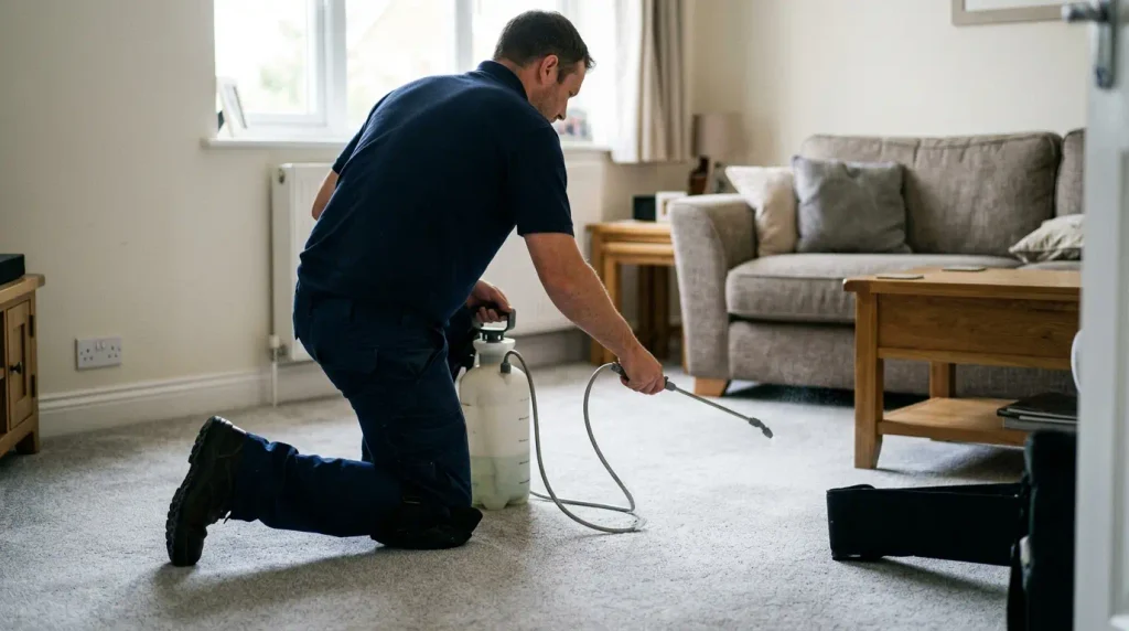 Guide to Carpet Cleaning Chemicals 2 Carpet cleaner applying alkaline pre-spray to a lounge carpet before hot water extraction
