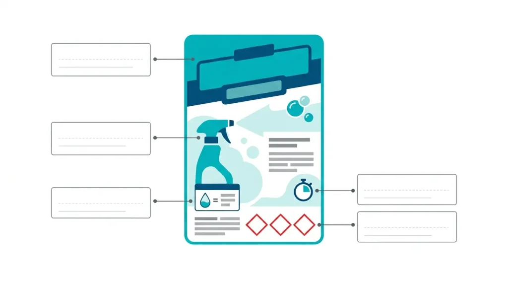 Guide to Carpet Cleaning Chemicals 4 Example carpet cleaner label with hazard symbols, signal word, dilution rate and dwell time labelled