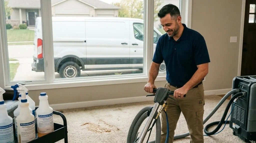 Why Professional Carpet Cleaning for Stain Removal Is Worth It 5 Buon Cleaning technician treating a carpet stain before extraction