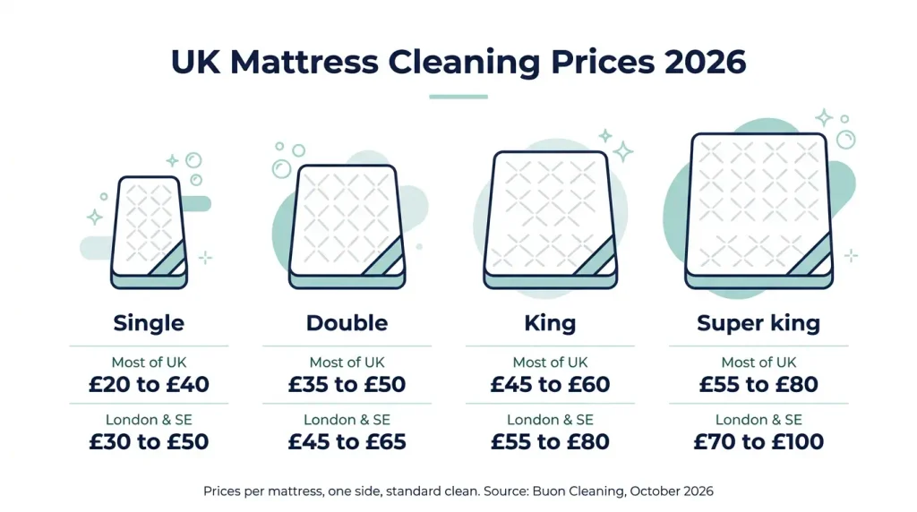 UK mattress cleaning prices in 2026 by size, from £20 to £40 for a single to £55 to £80 for a super king outside London