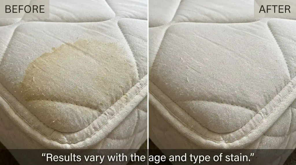 Mattress stain before and after professional stain treatment and hot water extraction