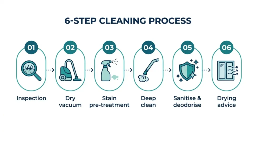  Six stages of a professional mattress clean: inspection, dry vacuum, stain treatment, deep clean, sanitising and drying advice