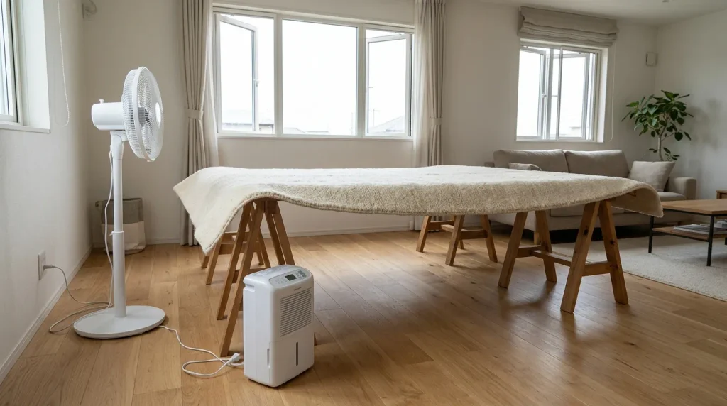 Rug drying flat on raised supports with a fan blowing across it and a dehumidifier running beside it