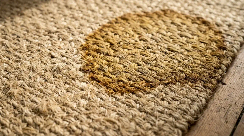 Yellow-brown cellulose browning stain on a jute rug, with unstained jute visible beside it