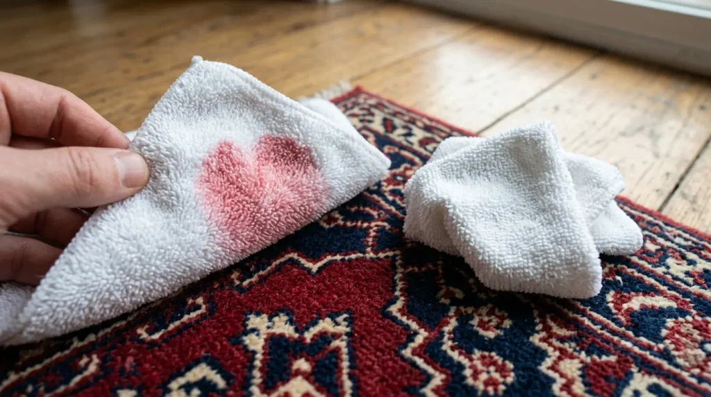 White cloth showing red dye transferred from a rug during a colour-fastness test