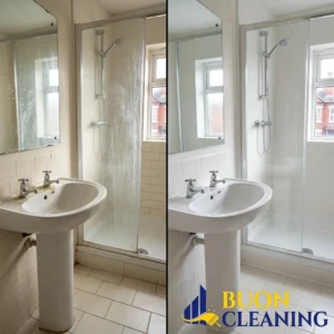 Before and after bathroom cleaning in Beeston Nottingham, with limescale removed from the screen and taps