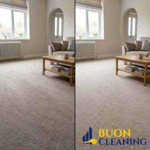 Before and after carpet cleaning in a West Bridgford Nottingham living room, showing the soiled carpet on the left and the cleaned carpet on the right