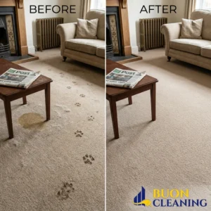 Before and after carpet cleaning in a Mapperley Nottingham room, with the dulled traffic lane restored