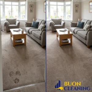 Split screen comparison of a carpet traffic lane in Gedling Nottingham before and after professional cleaning