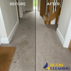 Before and after carpet spill stain removal in Radford Nottingham, with no ring left around the treated area