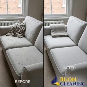 Fabric sofa being cleaned cushion by cushion in a Carlton Nottingham living room by Buon Cleaning
