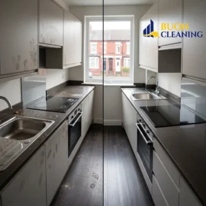 Before and after kitchen deep clean in Dunkirk Nottingham, with degreased splashback and descaled sink
