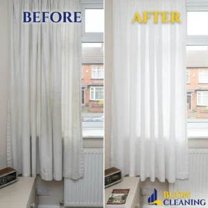 Curtain cleaning transformation in Mapperley Nottingham, with dust and cooking film removed from heavy drapes
