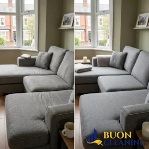 Before and after deep cleaning of a fabric corner sofa in Gedling Nottingham