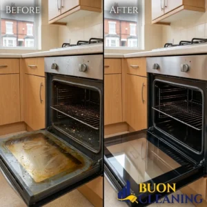 Before and after professional oven cleaning in Netherfield Nottingham, with baked on carbon removed