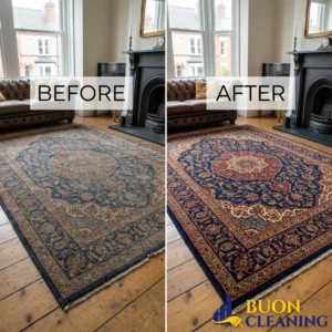 Before and after professional rug cleaning in Sherwood Nottingham, with the fringes washed by hand
