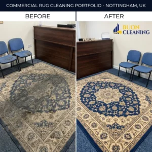 Before and after cleaning of a deep pile rug in Arnold Nottingham by Buon Cleaning