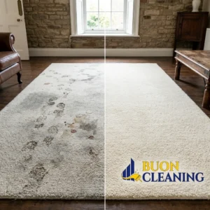 Before and after cleaning of a patterned rug in West Bridgford Nottingham, with colours kept sharp