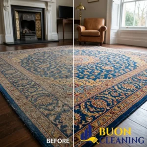 Before and after cleaning of a large living room area rug in The Park Nottingham