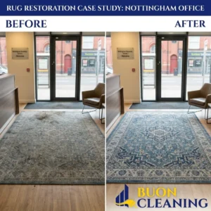 Before and after cleaning of a bedside rug in Bingham Nottinghamshire by Buon Cleaning