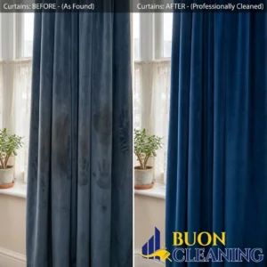 Before and after velvet curtain deep cleaning in Sherwood Nottingham, including the lining and header tape