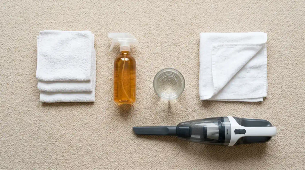 Carpet stain removal supplies including white cloths, stain remover, water and a towel