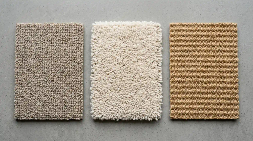 Comparison of synthetic, wool and sisal carpet fibre swatches