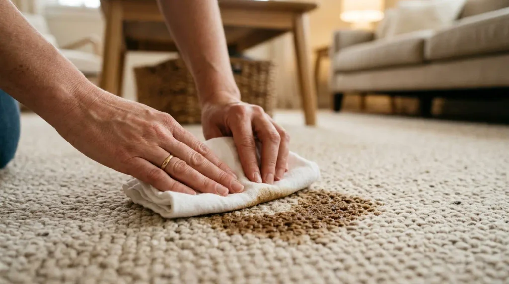 Hands blotting a fresh coffee stain on carpet with a white cloth