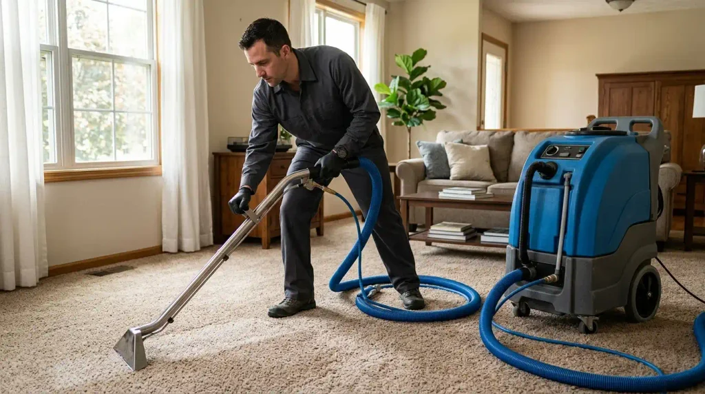 Professional carpet cleaner using a hot water extraction machine