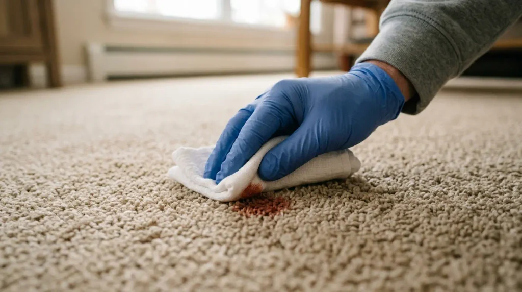 blotting fresh blood stain on carpet with white cloth