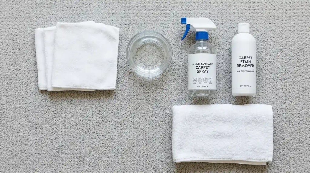 carpet stain removal supplies including cloth, cold water and stain remover