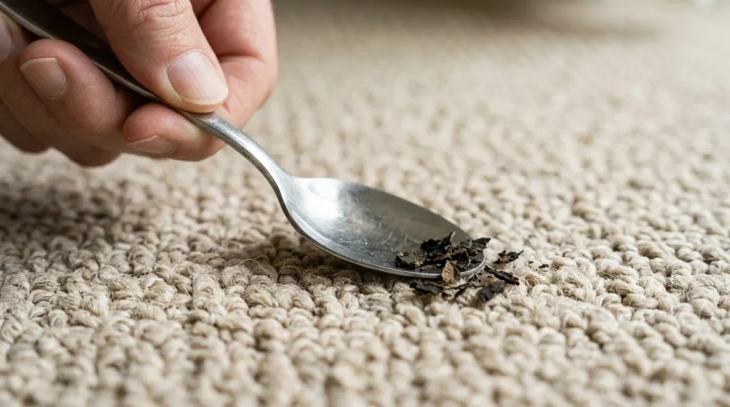 removing dried blood residue from carpet using spoon edge
