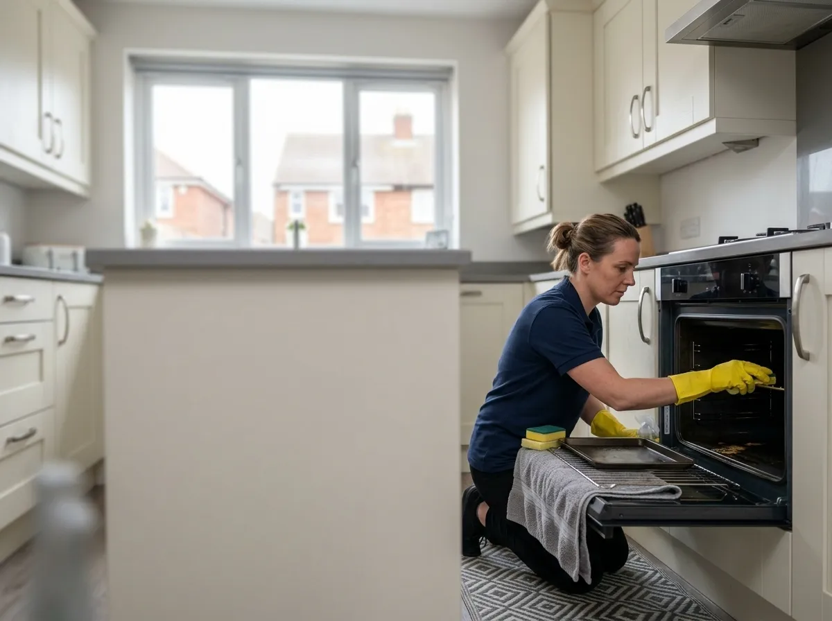 10 Cleaner deep cleaning inside an oven in a Nottingham kitchen