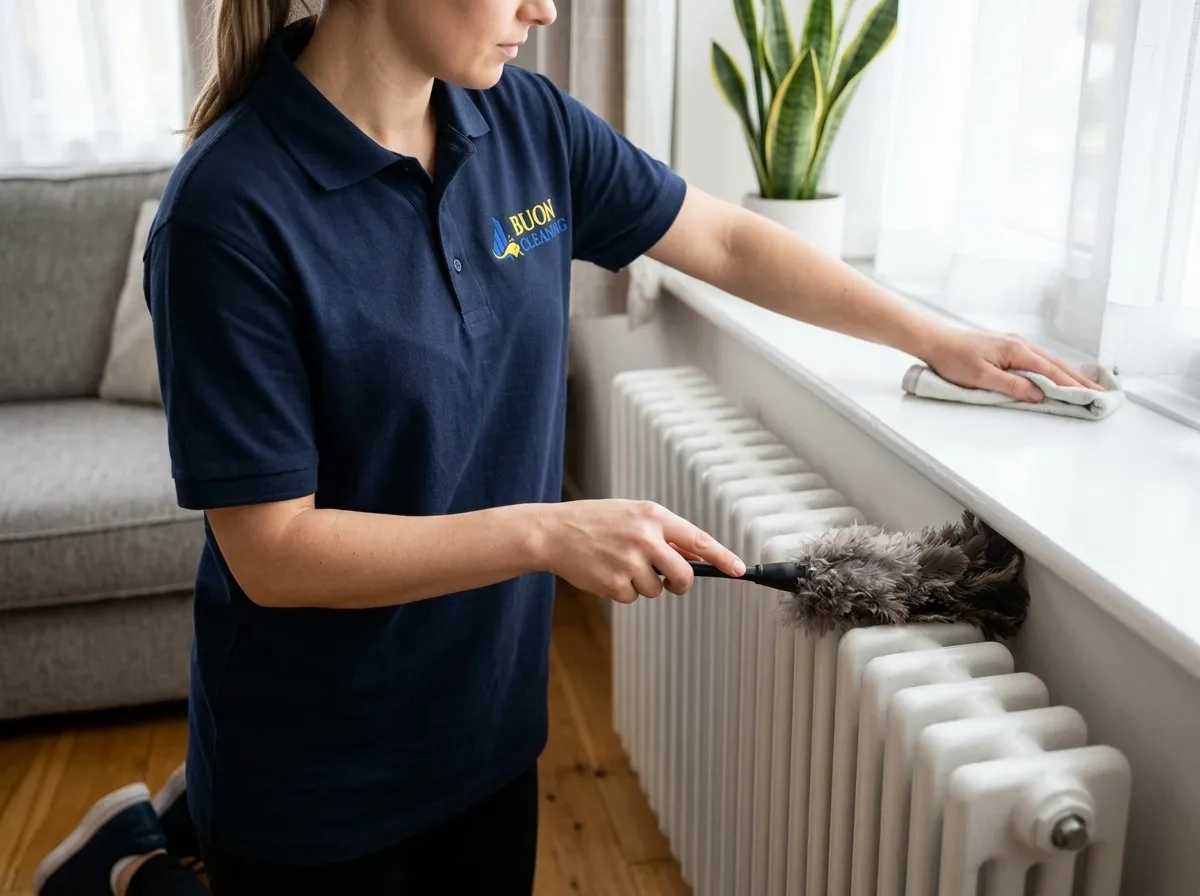 Cleaner dusting a radiator and window sill during a living room deep clean