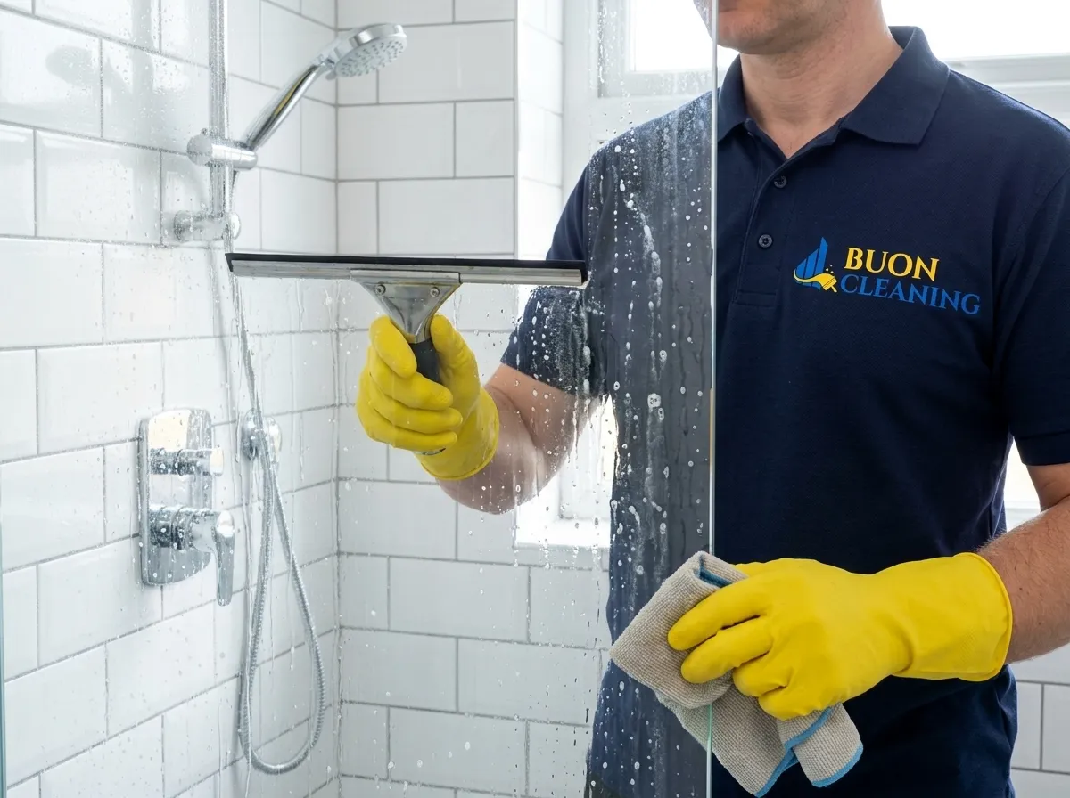 Cleaner removing limescale from a glass shower screen during a bathroom deep clean