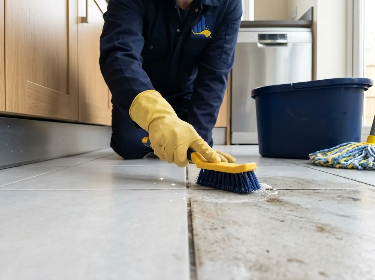 Cleaner scrubbing tile grout during a deep clean of a kitchen floor in Nottingham