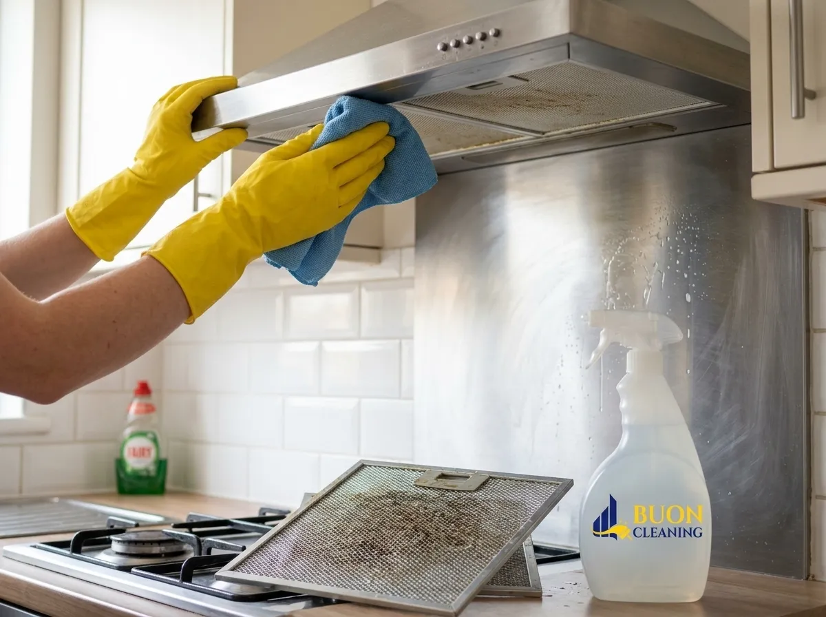 Cleaner degreasing a cooker extractor hood during a kitchen deep clean in Nottingham