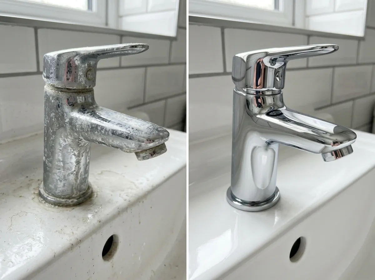 13 Removing limescale from a chrome bathroom basin tap