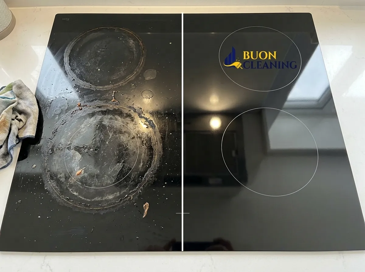 11 Cleaning a glass ceramic hob during a kitchen deep clean