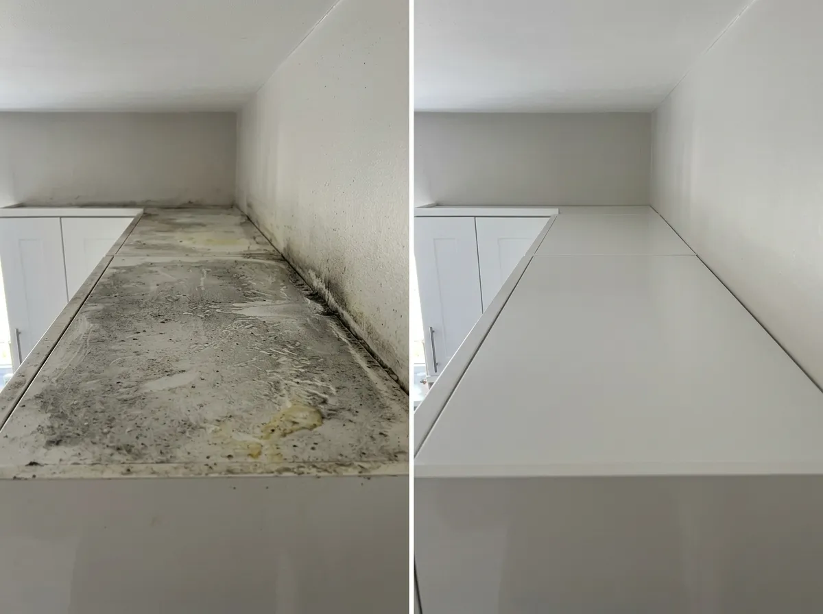 12 Cleaning grease and dust from the tops of kitchen wall cupboards
