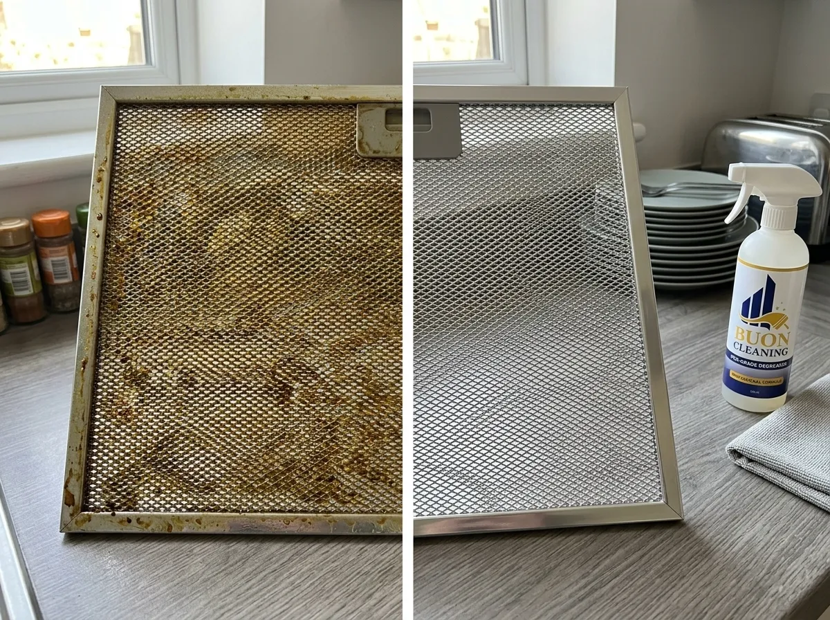 Extractor grease filter before and after a deep clean