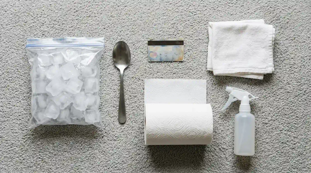 Supplies for removing candle wax from carpet: ice bag, blunt scraper, white cloths and kitchen paper