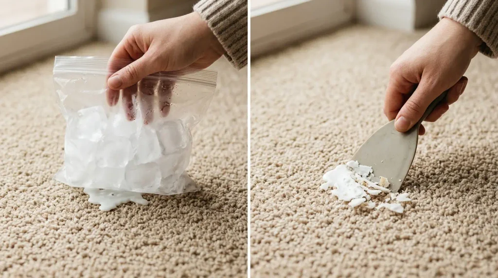 Scraping hardened candle wax from carpet with a plastic scraper after cooling it with ice