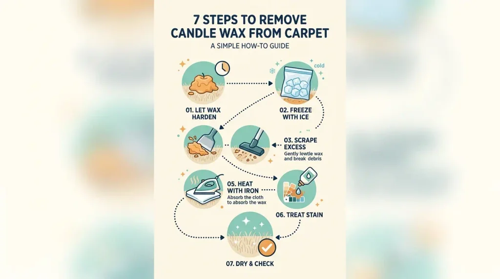 Seven-step infographic showing how to get candle wax out of carpet safely