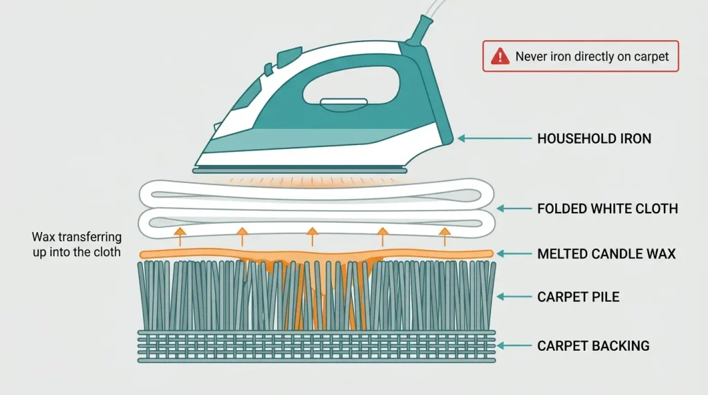 Diagram showing a cloth placed between the iron and carpet to lift candle wax safely