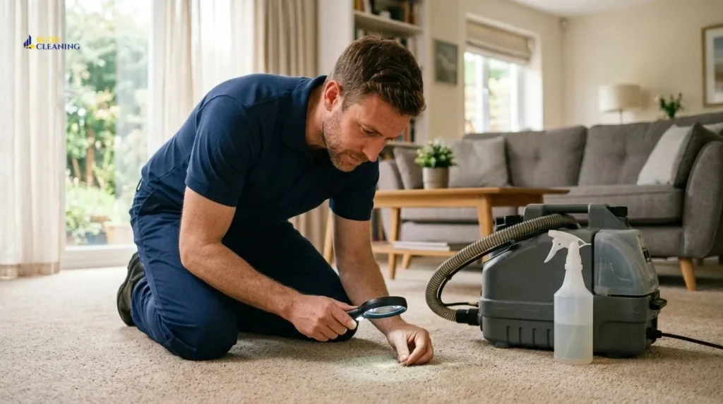 Carpet cleaning technician inspecting carpet fibres before professional chewing gum removal in Nottingham