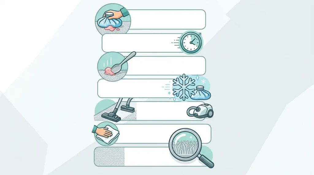 Infographic showing the steps to remove chewing gum from carpet using ice and a blunt spoon
